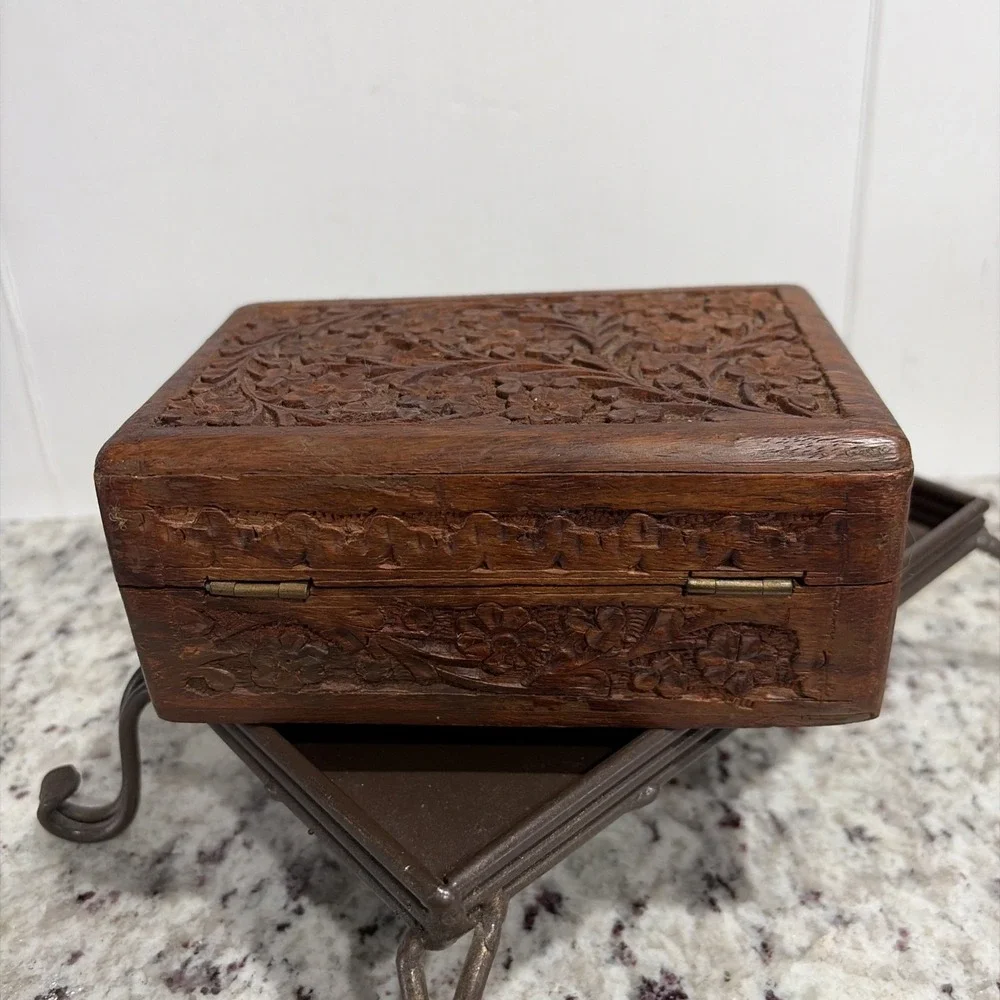 Vintage Carved Wood Jewelry Trinket Box Purple Velvet Lining Handcrafted
